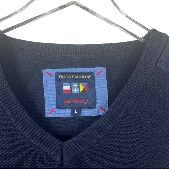 TRICOT MARINE Yachting Navy V-Neck Waffle Knit Long Sleeve Men's Large Shirt - Picture 3 of 11